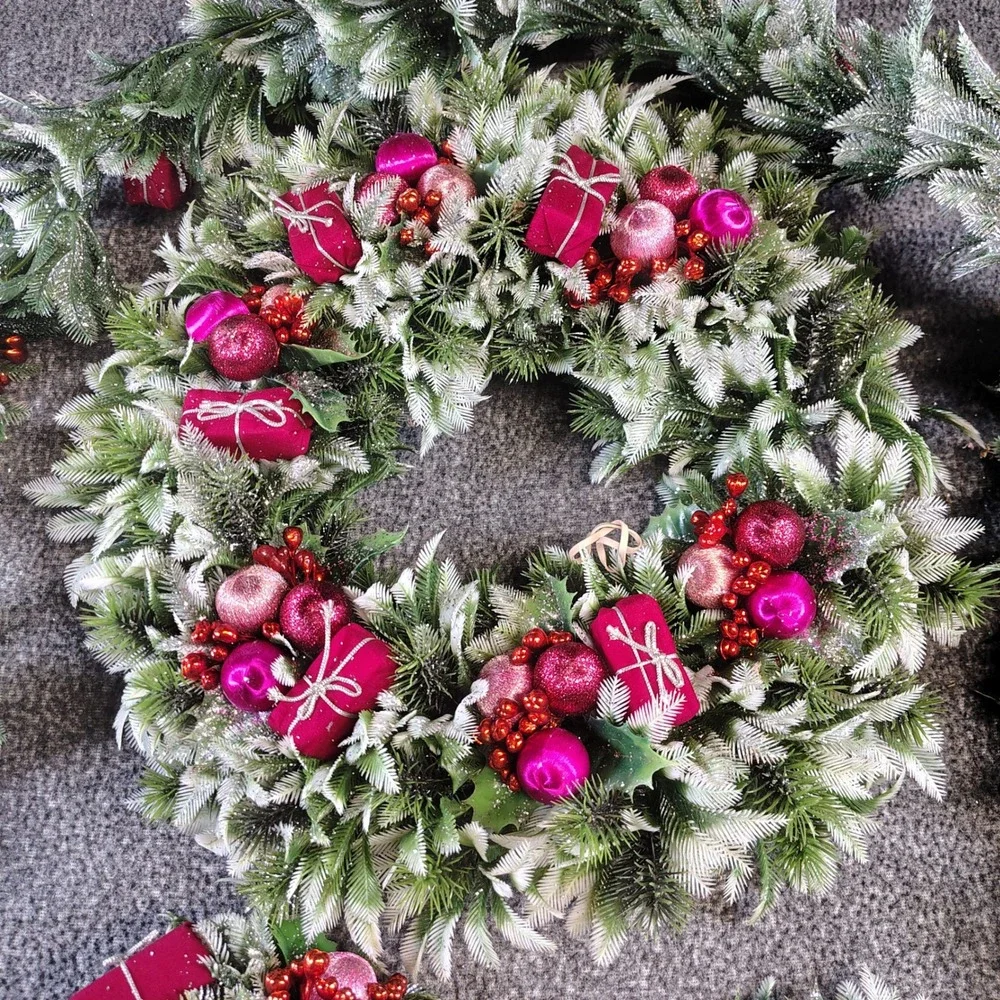 Vintage Christmas Decor Set Pink Green Frosted Garland Wreath Candle decor